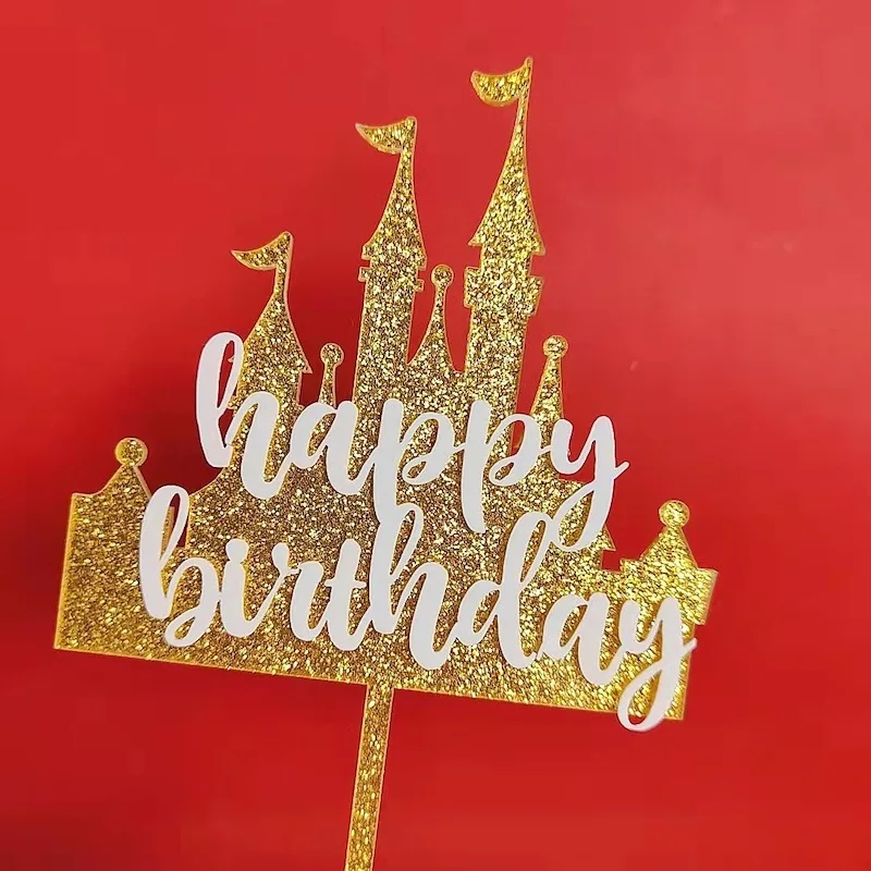 Glitter Gold Castle Happy Birthday Cake Topper Acrylic Fireworks Birthday Cupcake Topper for Kids Birthday Party Cake Decoration