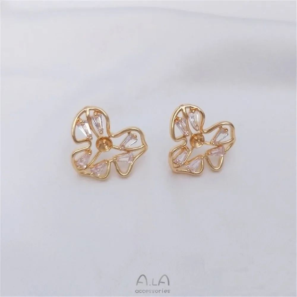 14K Gold-plated Zircon Clover Flower-shaped Half-hole Beaded Earrings 925 Silver Needle Diy Sticky Pearl Earrings E226 - view 4