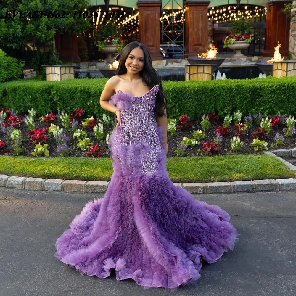 EVLAST ที่กําหนดเอง Sparkly สีม่วง Sequins Mermaid PROM ชุดสําหรับสาวสีดํา 2025 Ruffles คริสตัลลูกปัดชุดราตรี E2P42