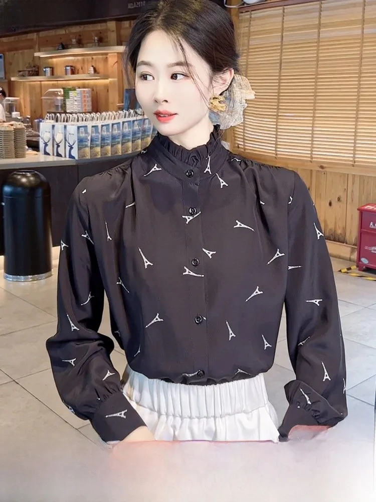 

Женская черная шелковая блузка с длинным рукавом и воротником-стойкой, повседневный дизайн, прямой крой, 100% шелк, весенняя мода