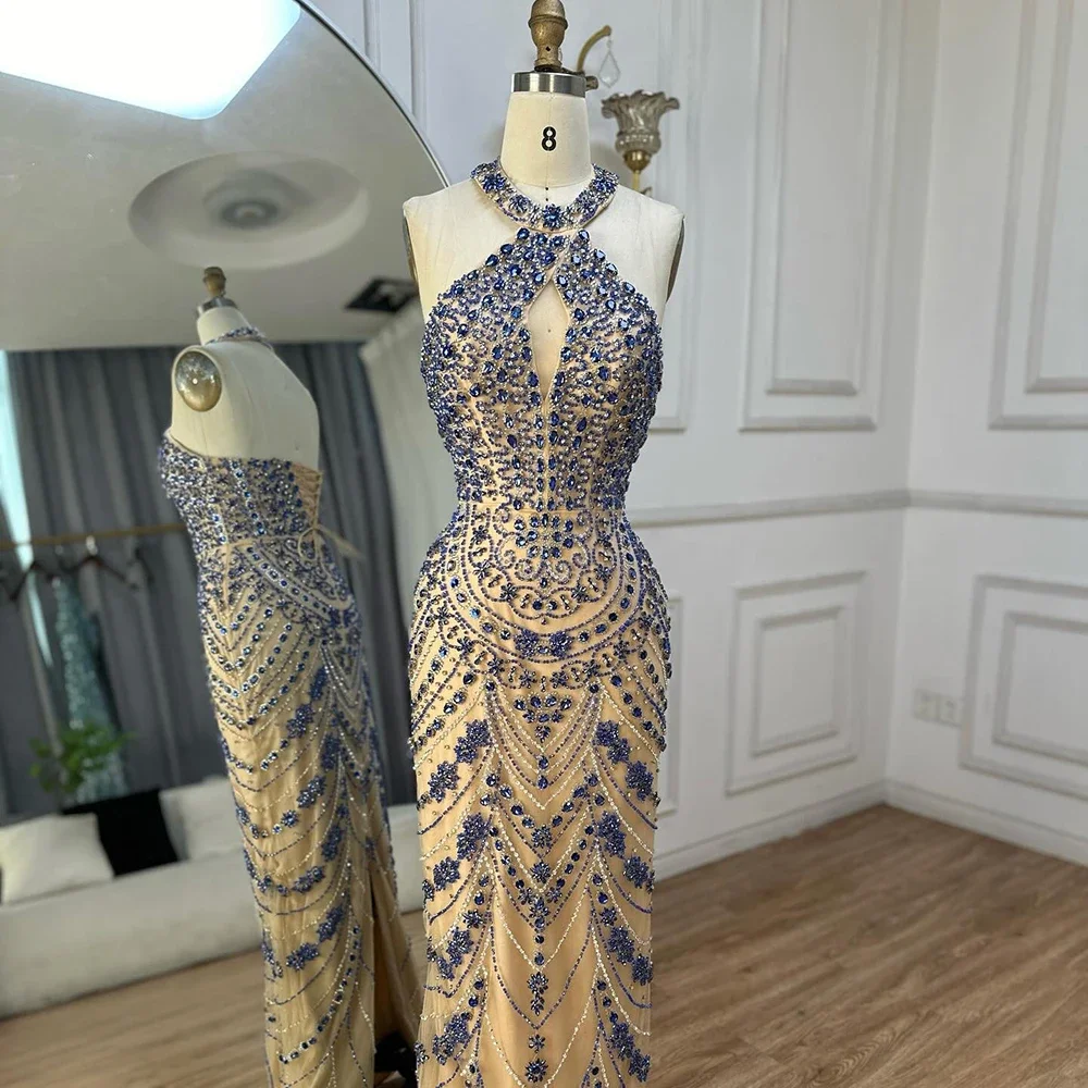 Serene Hill Customized 2025 Elegant Blue Saudi Arabic Halter Neck Evening Gown Crystal Beaded Dress for Formal Occasion GLA72760