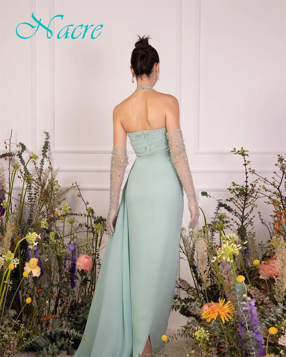 Op maat gemaakte prachtige jersey halter avondjurk Delicate mouwloze galajurken Luxe sweep trein Jurken voor speciale gelegenheden