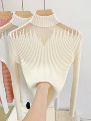 Half High Necked Pullover for Women's Autumn and Winter New Perspective Sexy Stretch Knit Black Oversized Sweater Fashion Tops