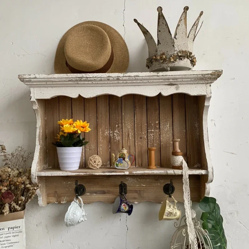 Decorative French Country Wall Shelf, White Wooden Shelf with Hooks, Rustic Home Organizer, Vintage Hooked Wall Shelf