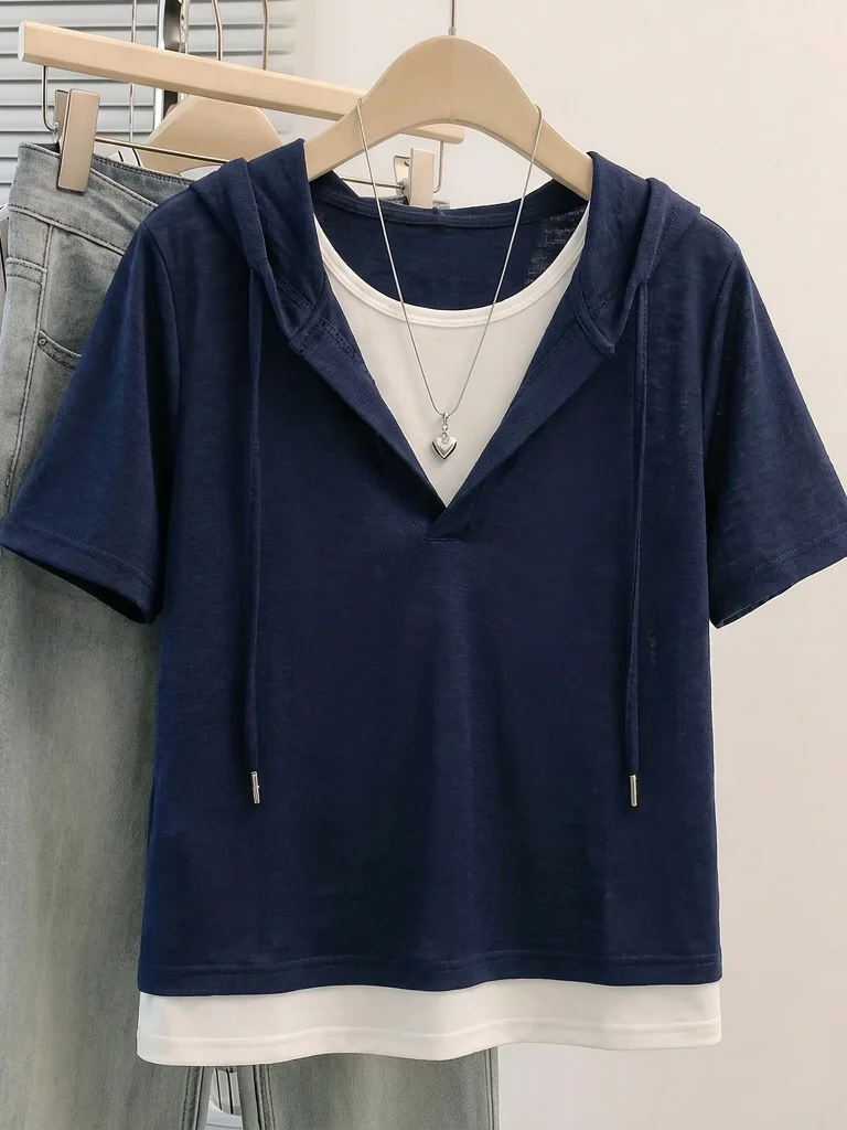 Loose Fit Hoodie Short Sleeve T-Shirt Women plus Size Summer New Style Korean Style Commute Style Big Code Micro Fat MM Slimm...