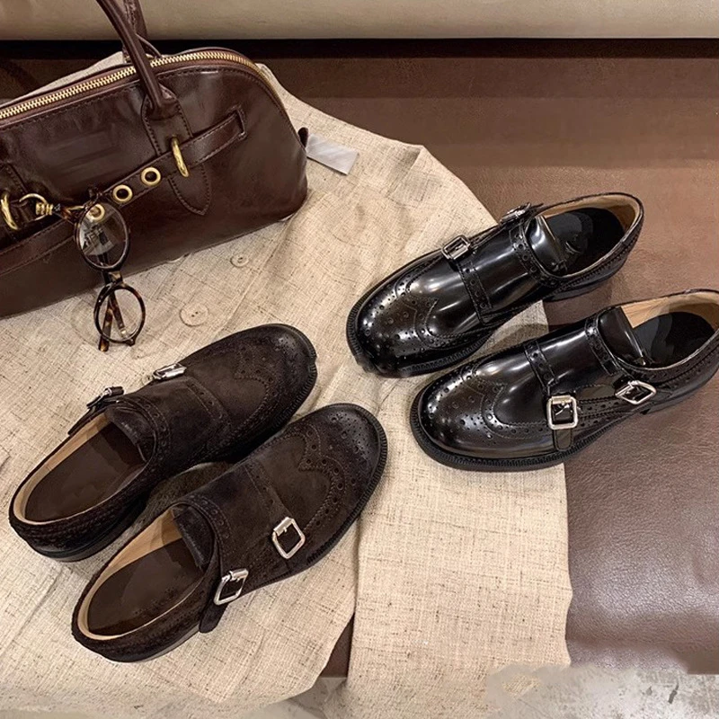 

School Commuter Fashion Small Leather Footwear For Ladies Carved Double Buckle Strap Block Heel Loafers Breathable Leather