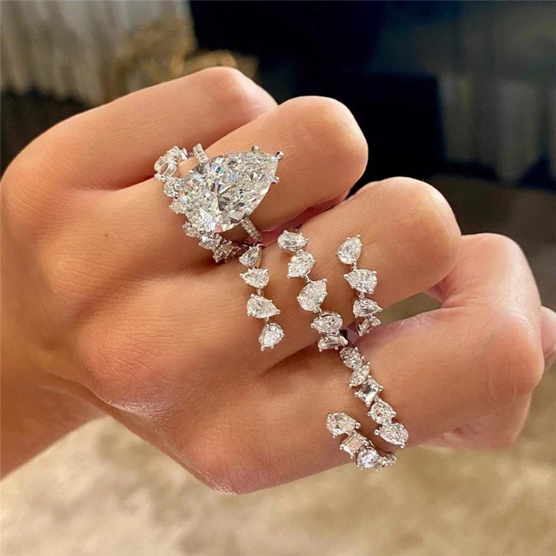 LXOEN 2022 Fashion 2 Layers Irregular AAA Cubic Zirconia Couple Wedding Open Adjust Rings for Charm Women Silver Color Jewelry
