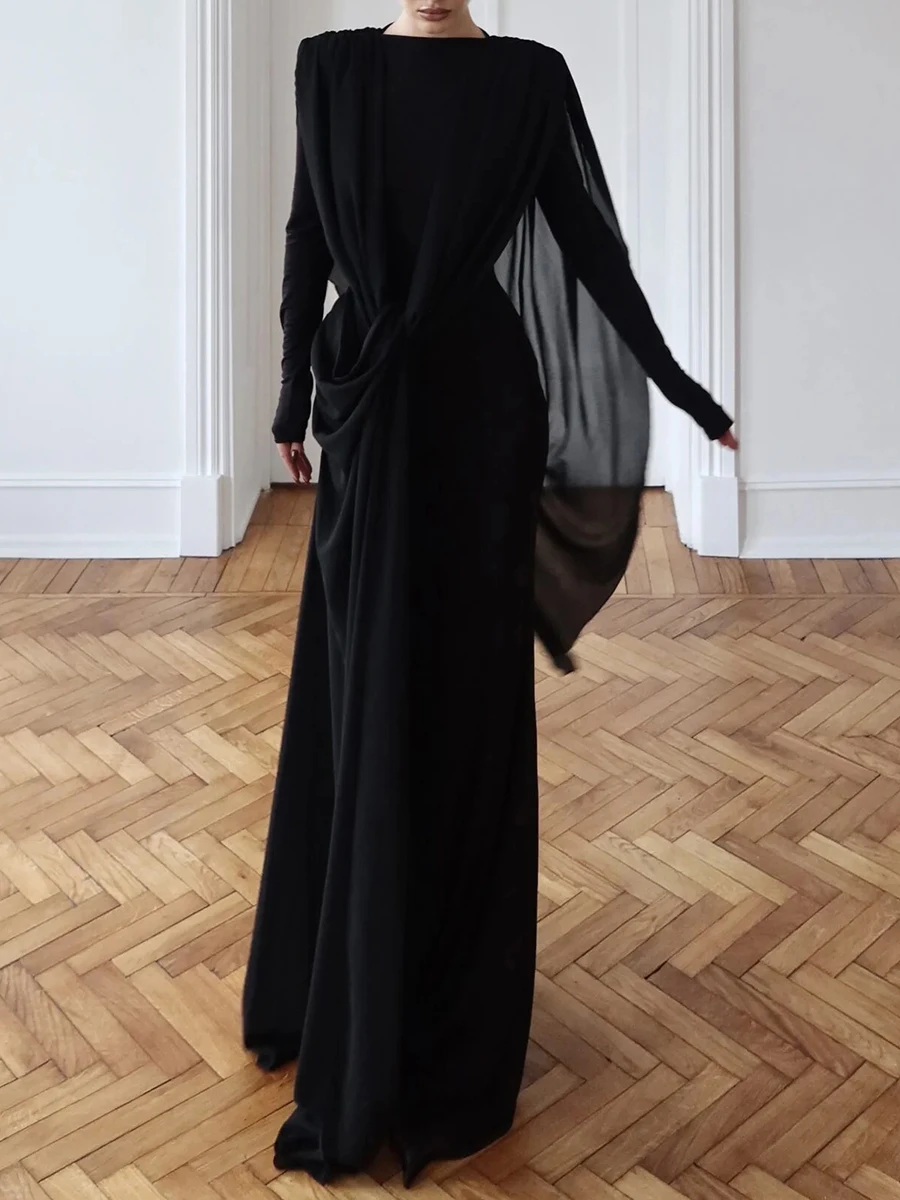 TWOTWINSTYLE التخسيس تقسم الشريط فساتين الموضة للنساء الجولة الرقبة طويلة الأكمام المرقعة طيات فستان أنيق الإناث جديد