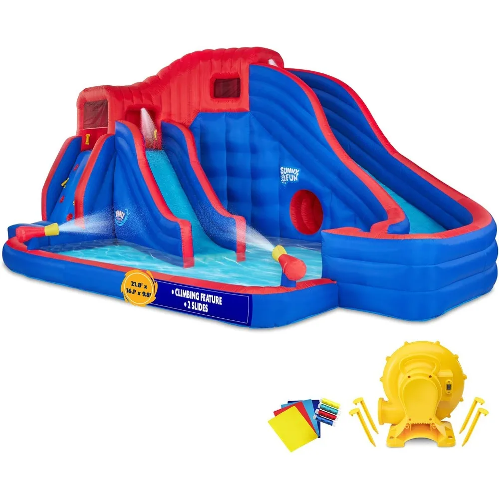 

Deluxe Adventure Inflatable Water Slide Park – Heavy-Duty for Outdoor Fun - Climbing Wall, 2 Slides