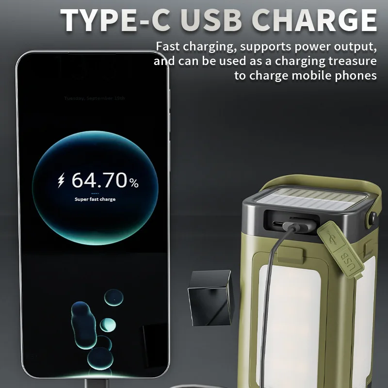 Lanterna da campeggio solare con funzione Power Bank, luce per tenda flessibile ricaricabile a 3/4 pannelli USB-C a 6 modalità per la pesca di emergenza