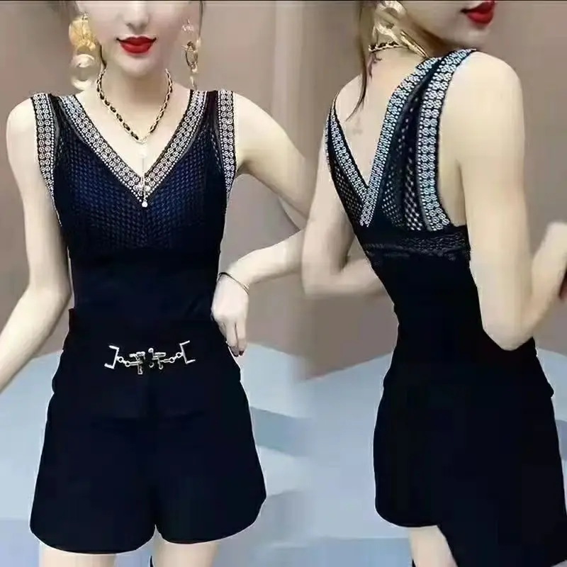 New Diamonds Ladies Camisole Summer Thin Fashion Sleeveless Pullovers 2024 Women\'s Clothing Black V-neck Interior Lapping Tops