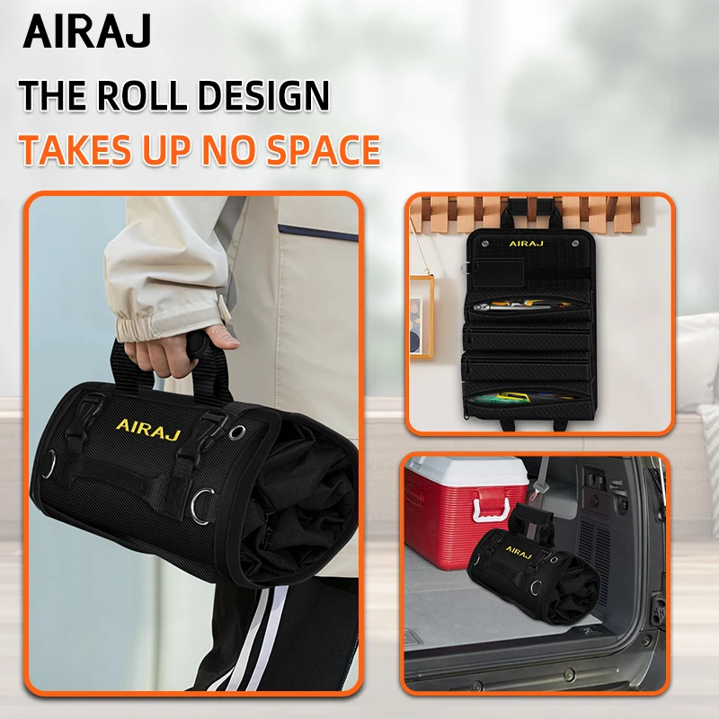 AIRAJ Sac à outils enroulable de 18 pouces, 4 grandes poches fixes et 2 petites poches détachables, organisateur multi-outils en tissu Oxford ﻿