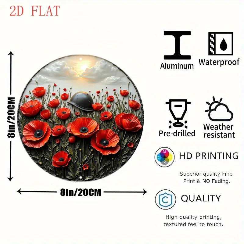 Tin Sign - Vintage Durable Metal Plaque Wall Decor, Remembrance Poppies with Soldier Helmet 3D Effect Home Office Bar Man Cave W