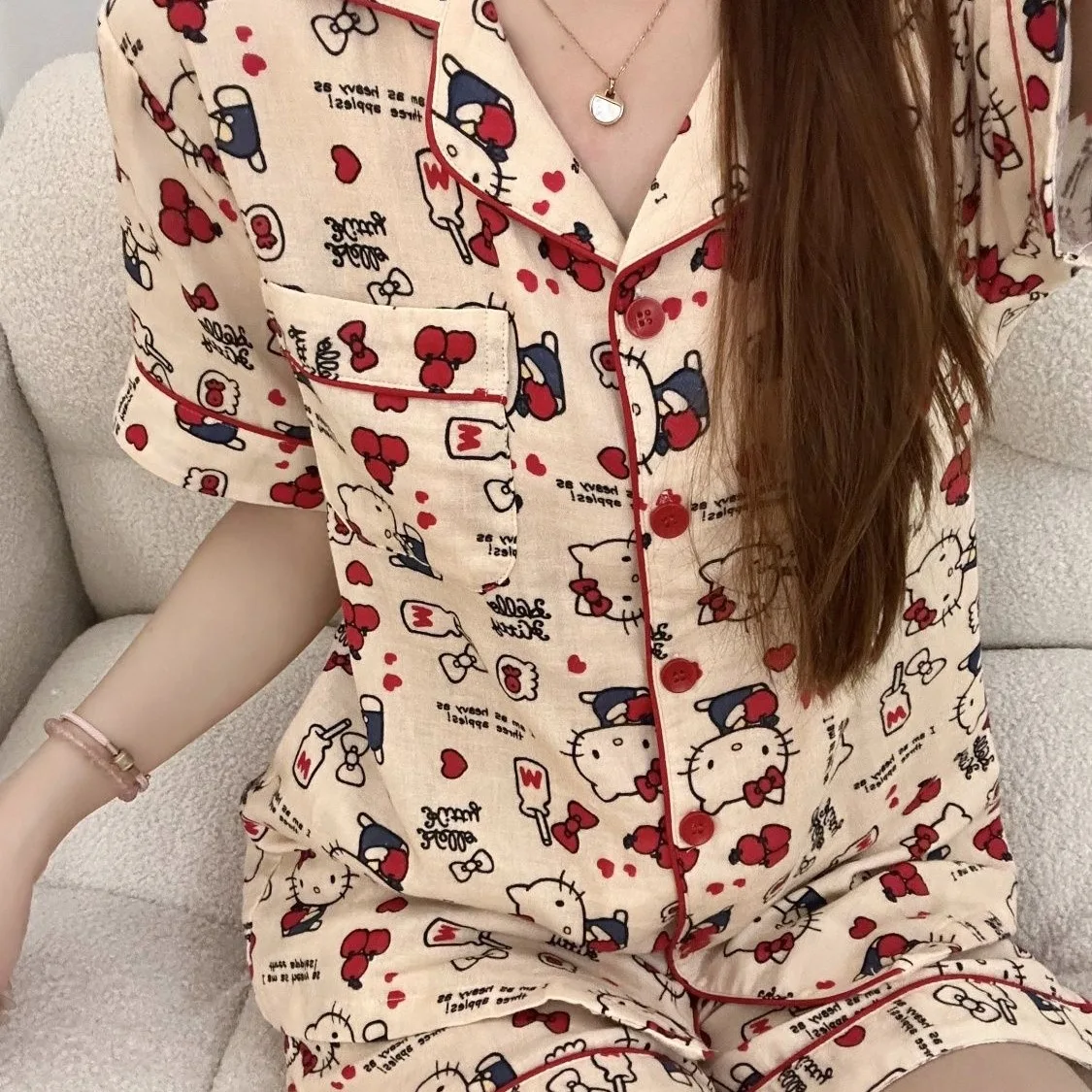 Hello Kitty pajamas set short sleeve cute cartoon sleepwear for women girls homewear