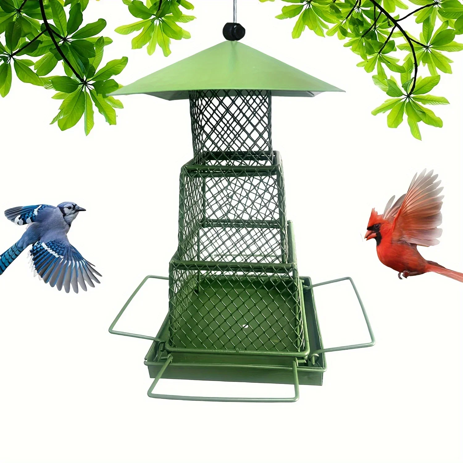 Triple-Tier Hanging Bird Feeder - No-Electricity, Wire-Free Design for Outdoor Garden, Lawn Decor - Square Crafted Iron Bird Fee