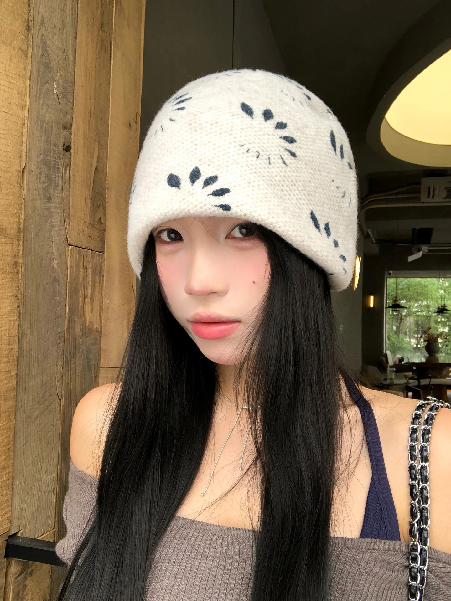 Korean Style Leaf Print Embroidery Knitted Hat Women's Casual Versatile Small Face Slimming No-Cuff Knitwear Cap