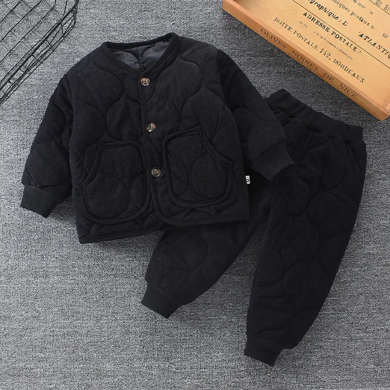 Boys Girsl Winter Cotton Padded Set Clothes Baby Corduroy Coat Outfit Children\'s Outerwear Quilted Jacket Tops+Pants 2PC 1-7Yeas