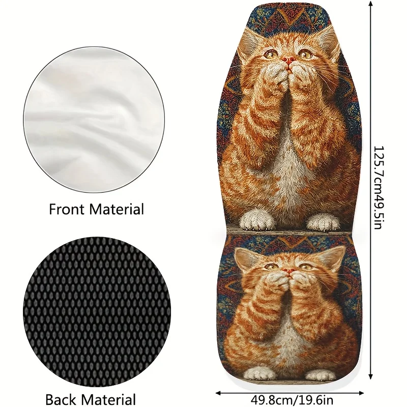 2pcs Orange Cat Blessing Print Car Seat Covers, Easy-Clean Unisex Front Seat Protectors, Fashionable Car Accessories, All-Season