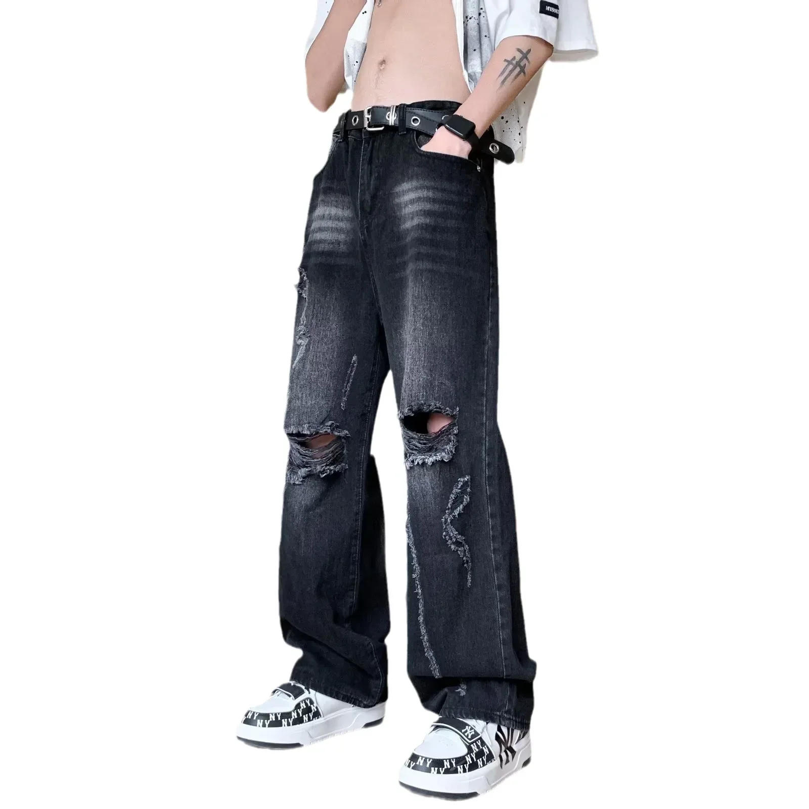 American Retro Washed Distressed Jeans for Men Korean Fashion High Street Hip-hop Loose Straight Leg Pants Y2k Japan Streetwear