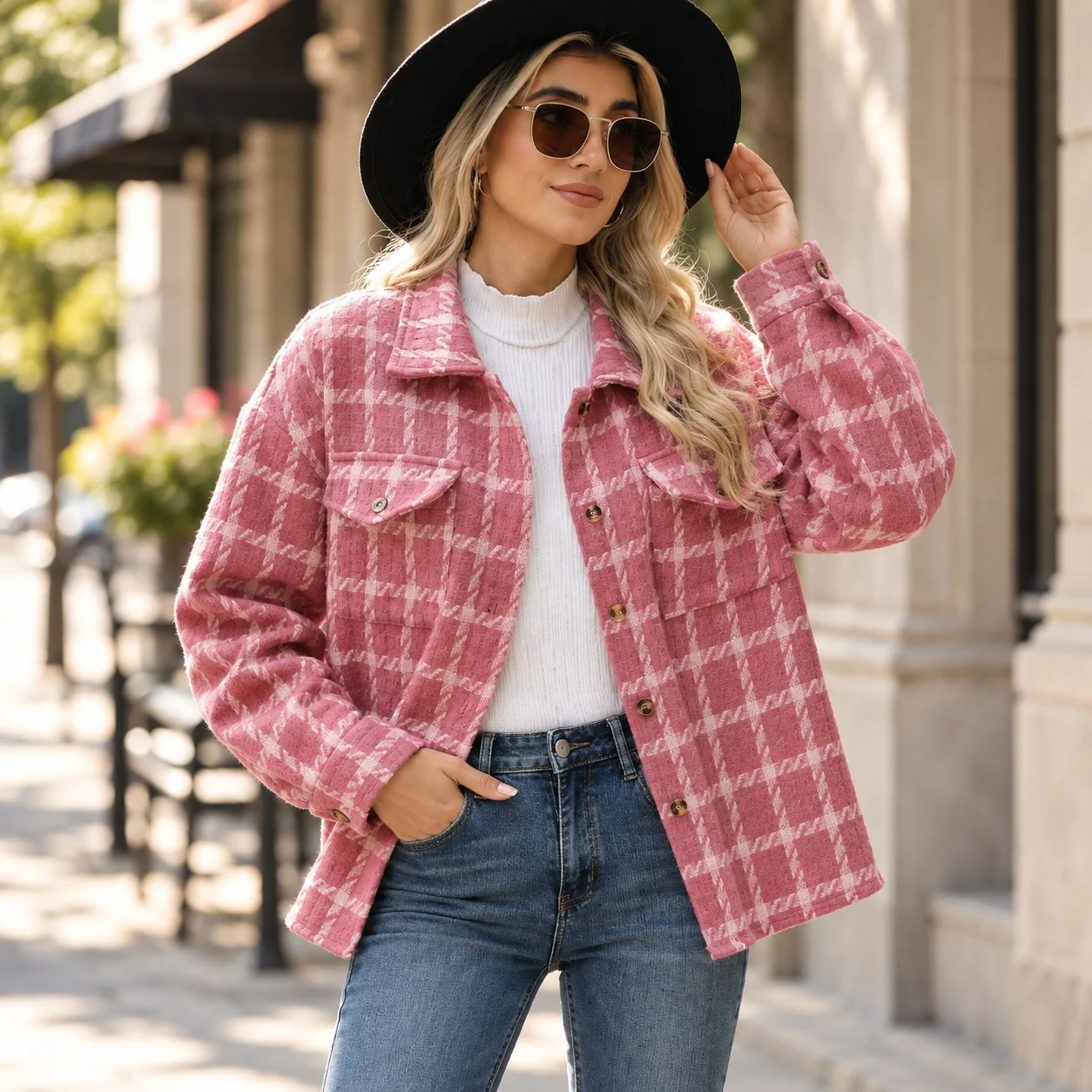 Plaid Loose Fit Coat Standard Length Commuter Style with Wrinkle Resistant Finish Turn Down Collar Long Sleeve Women Jacket