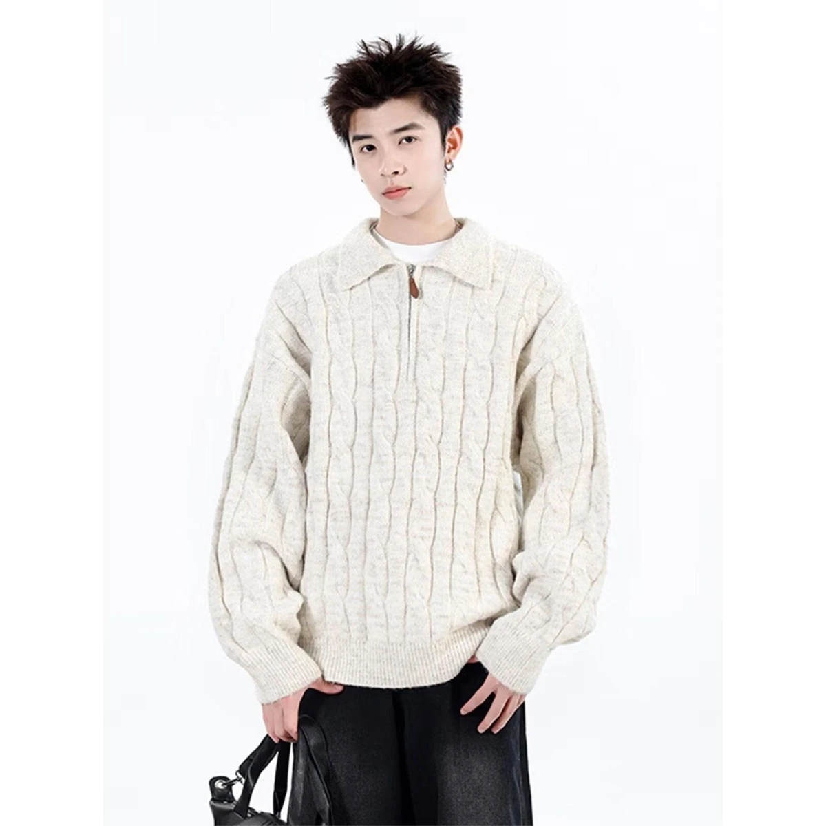 

Loose American Sle Knitted Sweater f Zip Twist Pattern Men's Women's Casual Inner Wear Couple's Winter Top