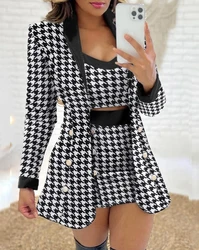 Fashion New 3 Piece Set Women 2023 Houndstooth Print Long Sleeve Shawl Collar Elegant Work Blazer Coat & Skirt Set with Crop Top