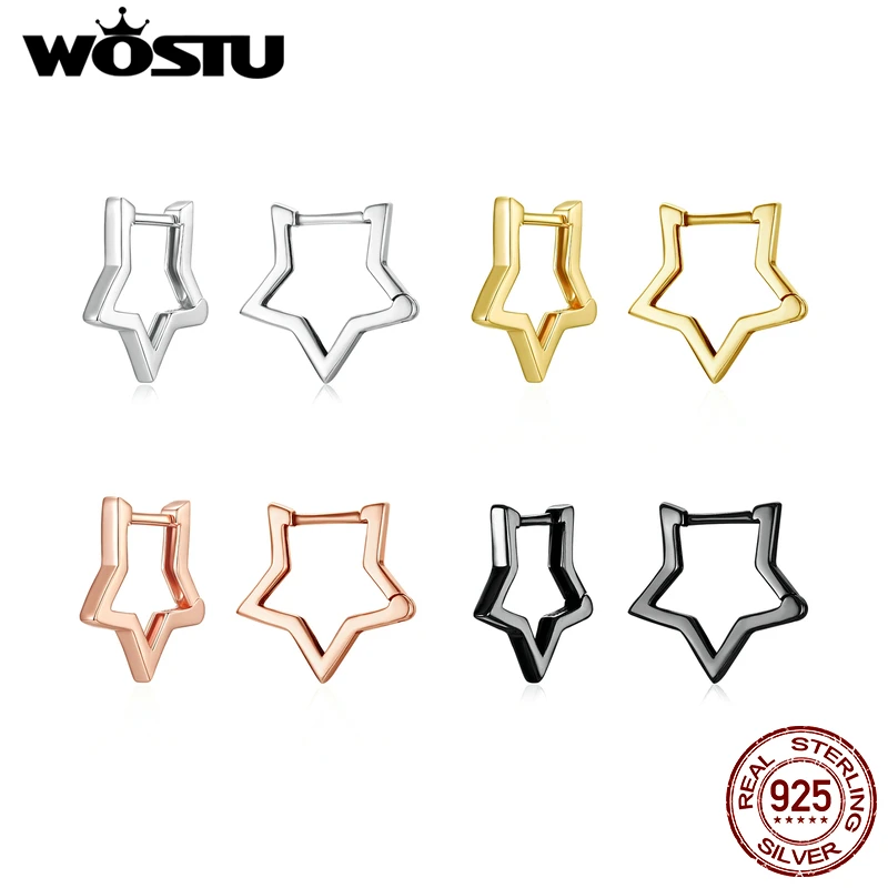 WOSTU 925 Sterling Silver Simple Star Hoop Earrings For Women Black Gold Statement Geometric Hollow Ear Buckle Minimalism Party