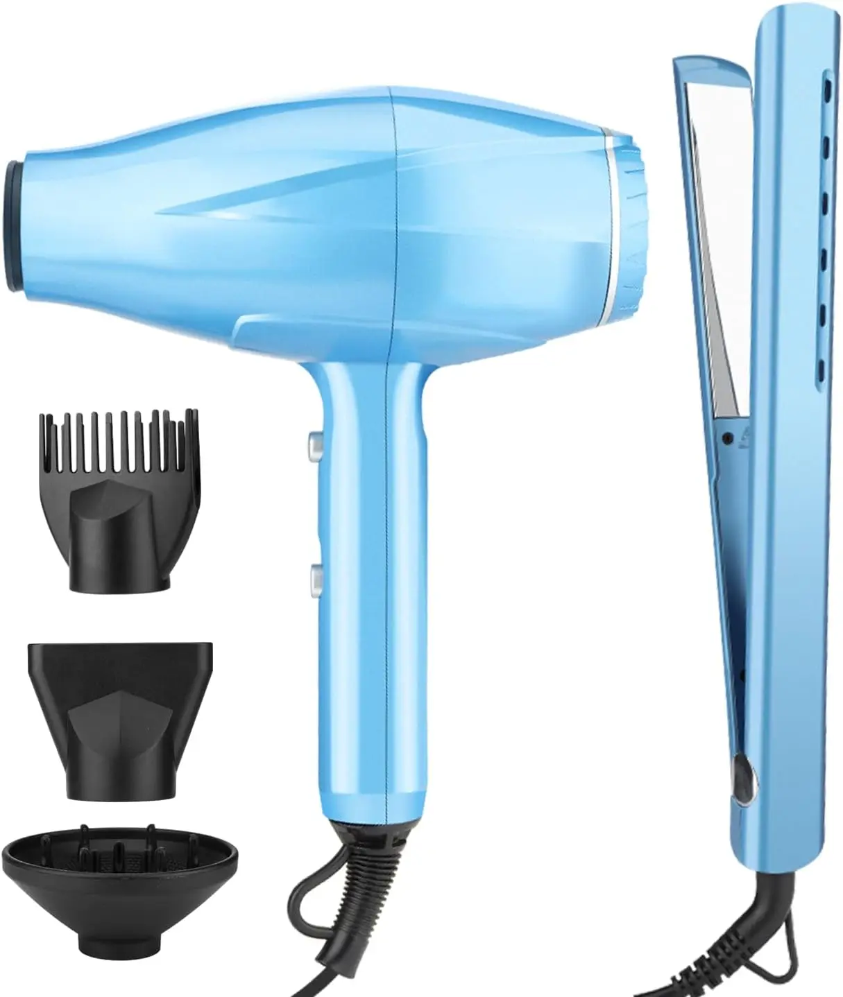 

2-in-1 Hair Dryer & Straightener Set, 2200W AC Motor, Ionic Fast Drying, Low Noise, 5 Heat Settings, Includes Diffuser & Comb