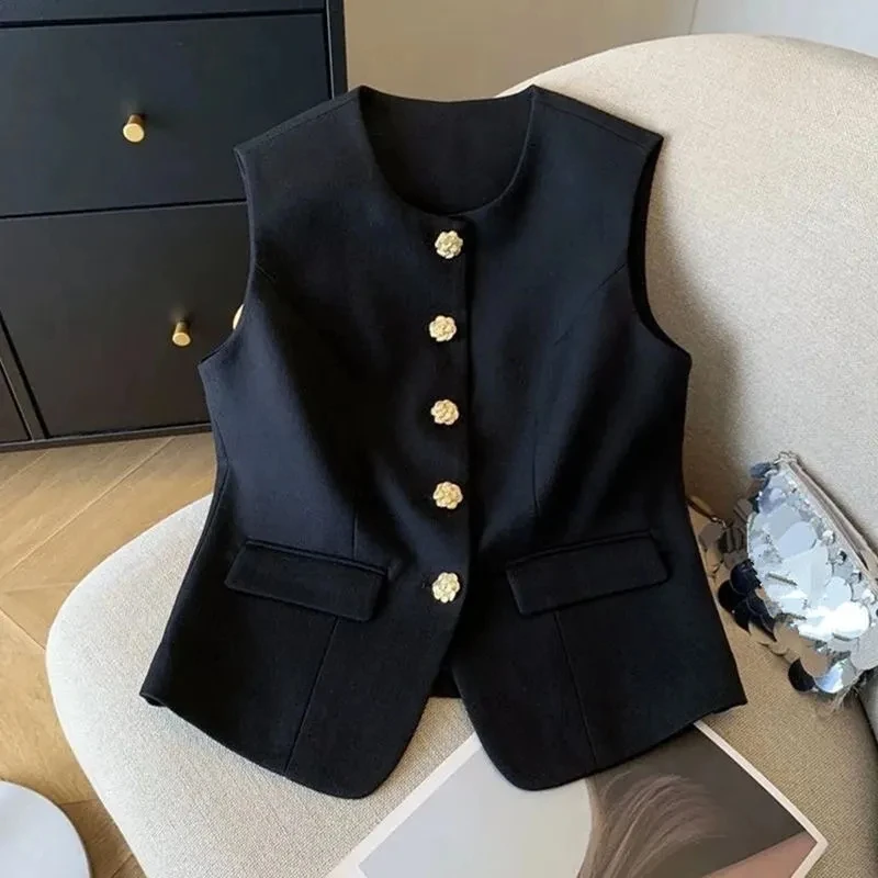 2026 New Women's Blazer High End Casual Vest Waistcoat Korean Spring Female Professional Vest O-neck Sleeveless Short Jacket