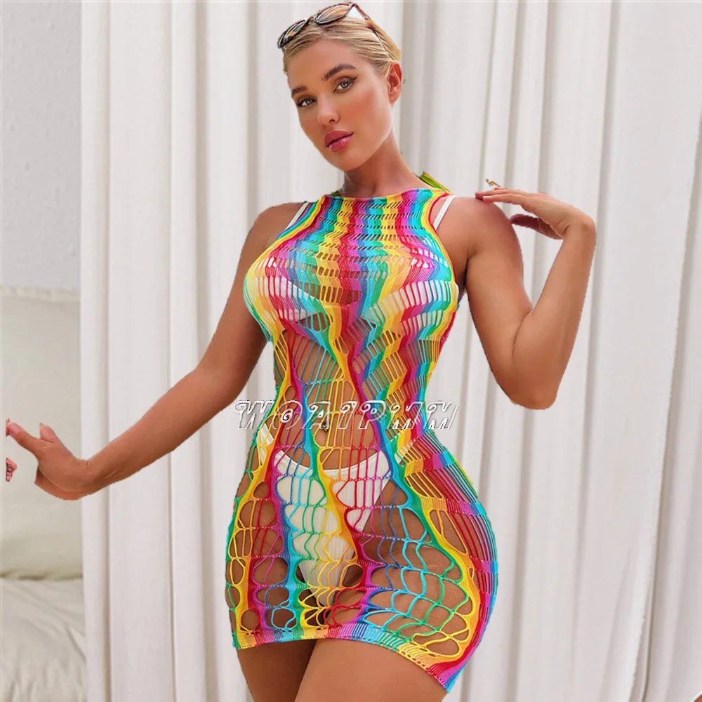 

Ladies Mini Dress Rainbow Color Tight Lingerie Costume Erotic Mesh Transparent Beach Wear Women Hollow See Through Short Skirt