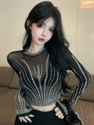 Sweet Style Short Sleeve T-Shirt Women's Slim Fit Mesh Base Shirt Glittering Diamond Transparent Design Summer Fashion Top