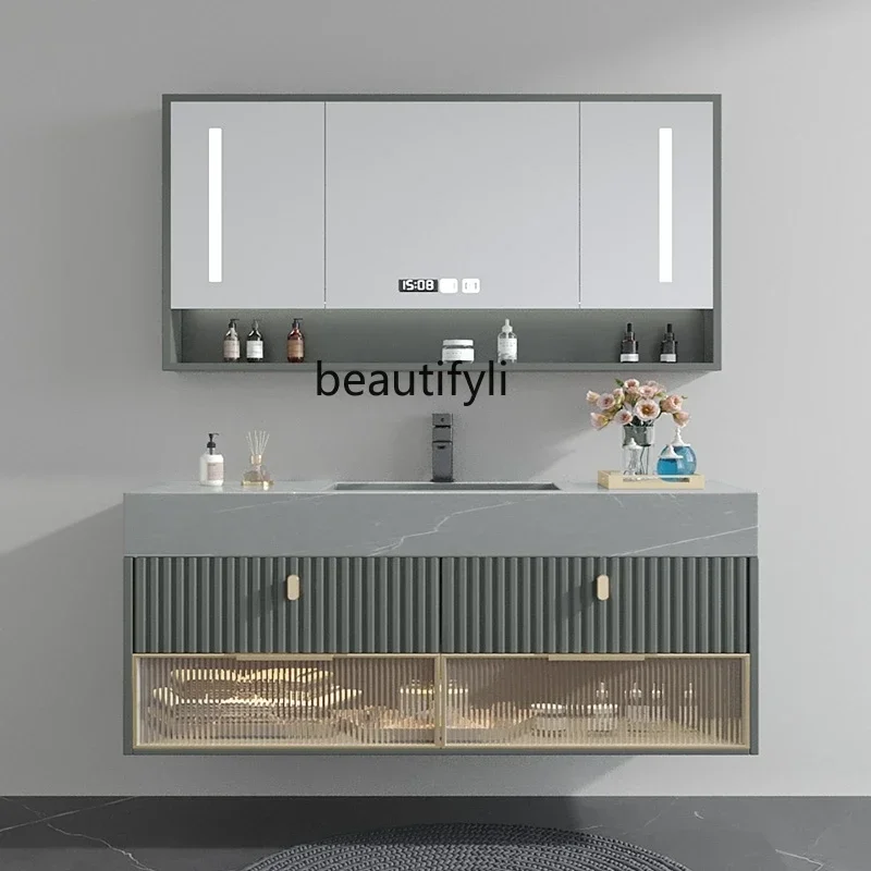 A9344 Stone Plate Bathroom Cabinet Combination Oak Light Luxury Hand Washing Washbasin Smart Simple Washstand