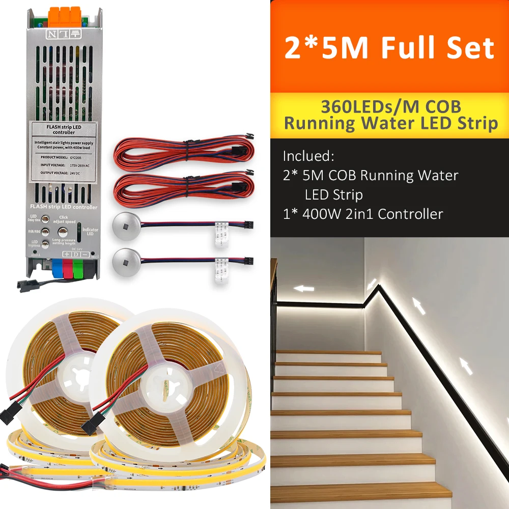COB Running Water Flow Stair LED Strip Light 24V 400W 2in1 Controller with Motion Sensor WS2811 Lamp Tape for Stairway Lighting image 3