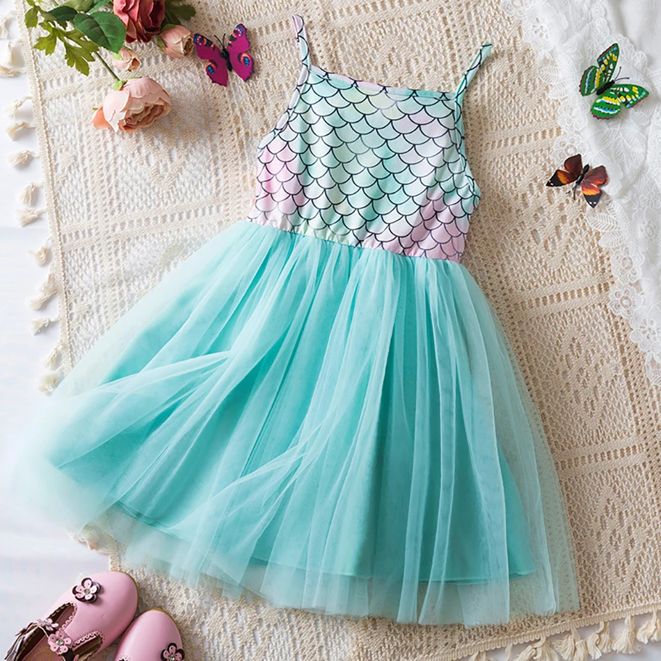 Girls Fish Scale Suspender Dresses Summer New Girl Mermaid Princess Dress Halloween Party Kids Cosplay Performance Dresses