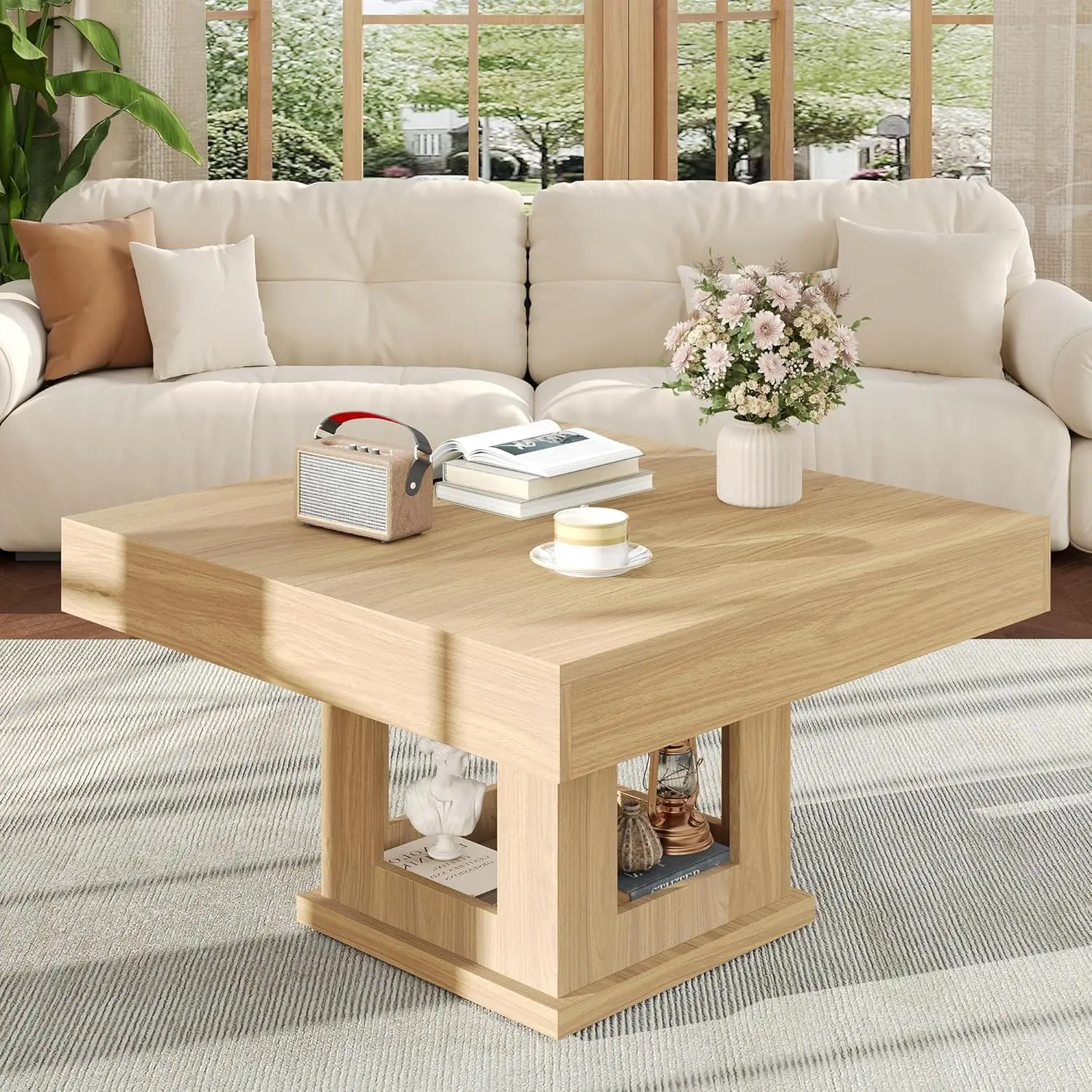 

Wooden Coffee Table with Storage and Cat House, Farmhouse Center Table