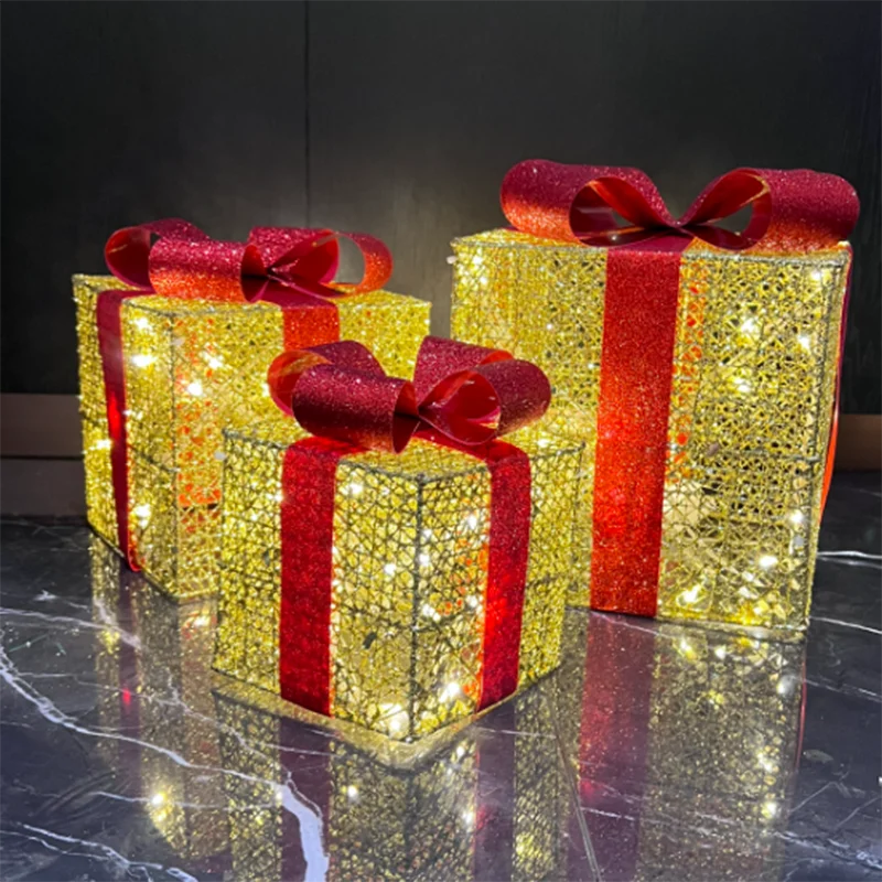 

3 pcs Christmas Luminous Gift Boxes Glowing Decorations Creative Festive Party Supplies Shop Window Adornments Reusable