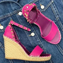 Double Leather Wedge Espadrille Sandals Rockstud High Heels Pumps Ankle Strap 2024 New Designer Summer Elegant Shoes for Women