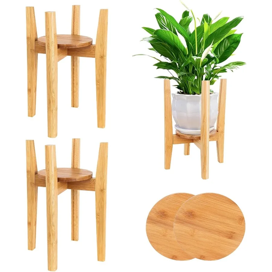 

2 Packs Adjustable Plant Stand with TrayIndoor Wood Plant Stand Fit 8'' to 12'' Planter Mid Century Modern Flower Pot Holder Ra
