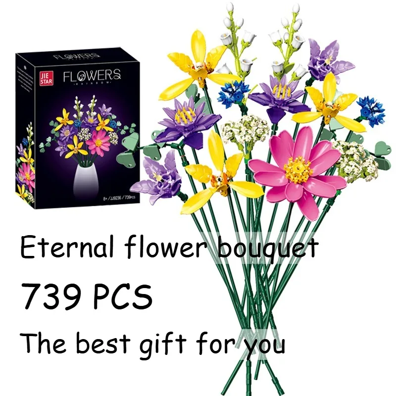 

Набор из 739 деталей: Искусственный 3D-букет из вечных цветов, красивые растения, декор для дома, строительные блоки, развивающая игрушка DIY, праздничные подарки для девочек