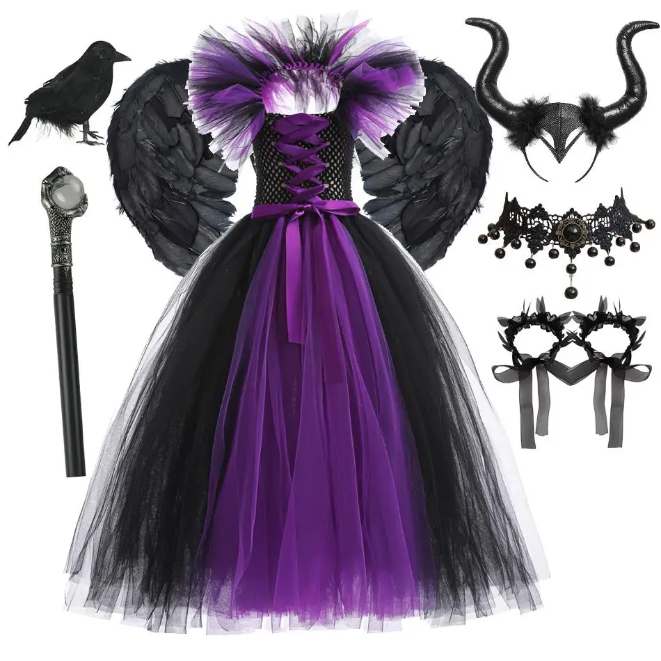 Schwarzes und Lila Hexenkostüm für Mädchen, Langes Tüllkleid mit Rüschen, Schulterfreies Maleficent-Cosplay-Outfit für Kinder zu Halloween und Karneval