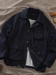 Chaqueta de paracaidista con tres bolsillos para hombre, chaqueta holgada de mezclilla lavada, top de silueta de solapa vintage informal azul, Otoño e Invierno