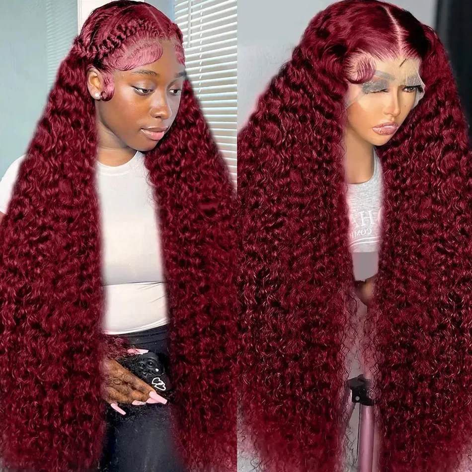 30 40 Inch 99j Burgundy 13x4 Lace Frontal Human Hair Wigs Red Colored Deep Wave 13x6 Curly HD Transparent Lace Front Wig