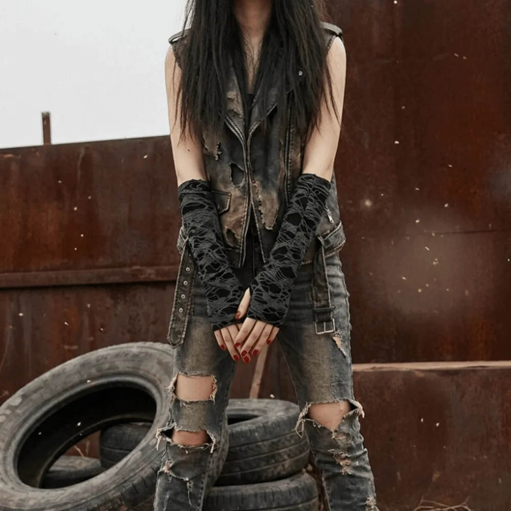 Punk Long Punk Gloves Distressed Style Desert Wind Fingerless Arm Warmers Lightweight Knit Material Hollow Out Arm Sleeves Women