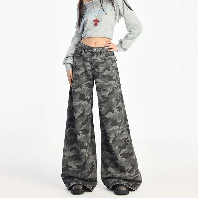 

Y2K Camouflage Jeans Women American Retro High Waist Wide Leg Denim Pants Long Trousers