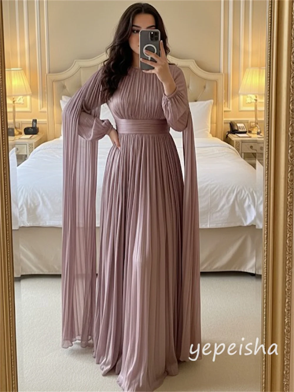 Personalizado estilo moderno gasa plisado acanalado chal drapeado una línea cuello redondo vestidos largos vestidos de noche tamaños modestos disponibles