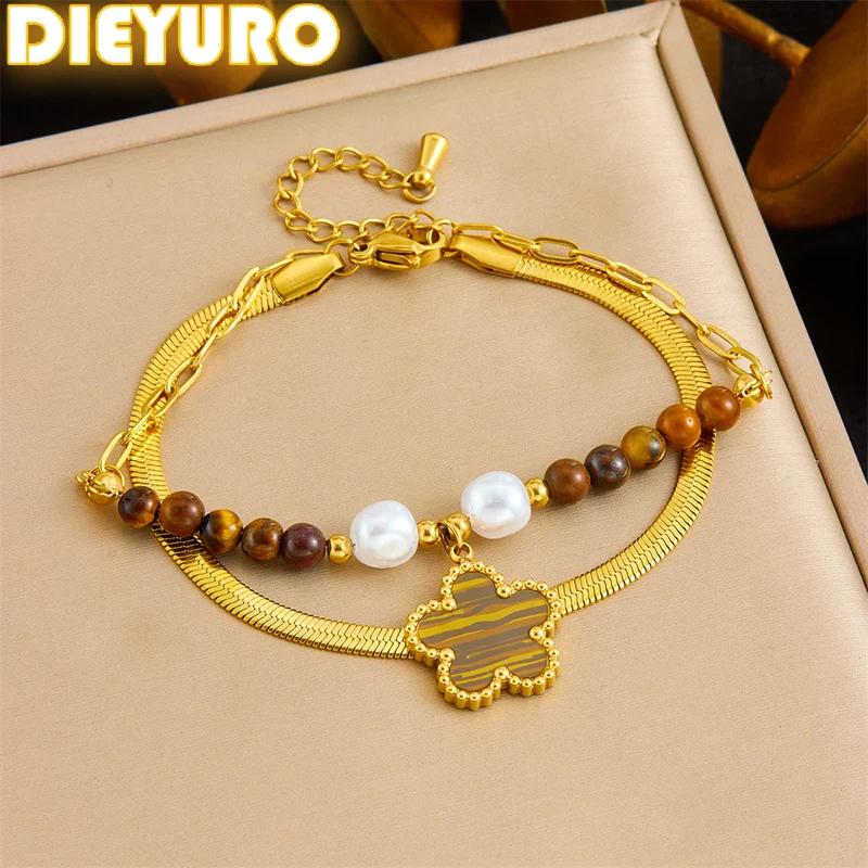 

DIEYURO 316L Stainless Steell Five Leaf Flower Pearl Double-layer Bracelet Women New Fashion Maillard Hand Chain Jewelry Gift