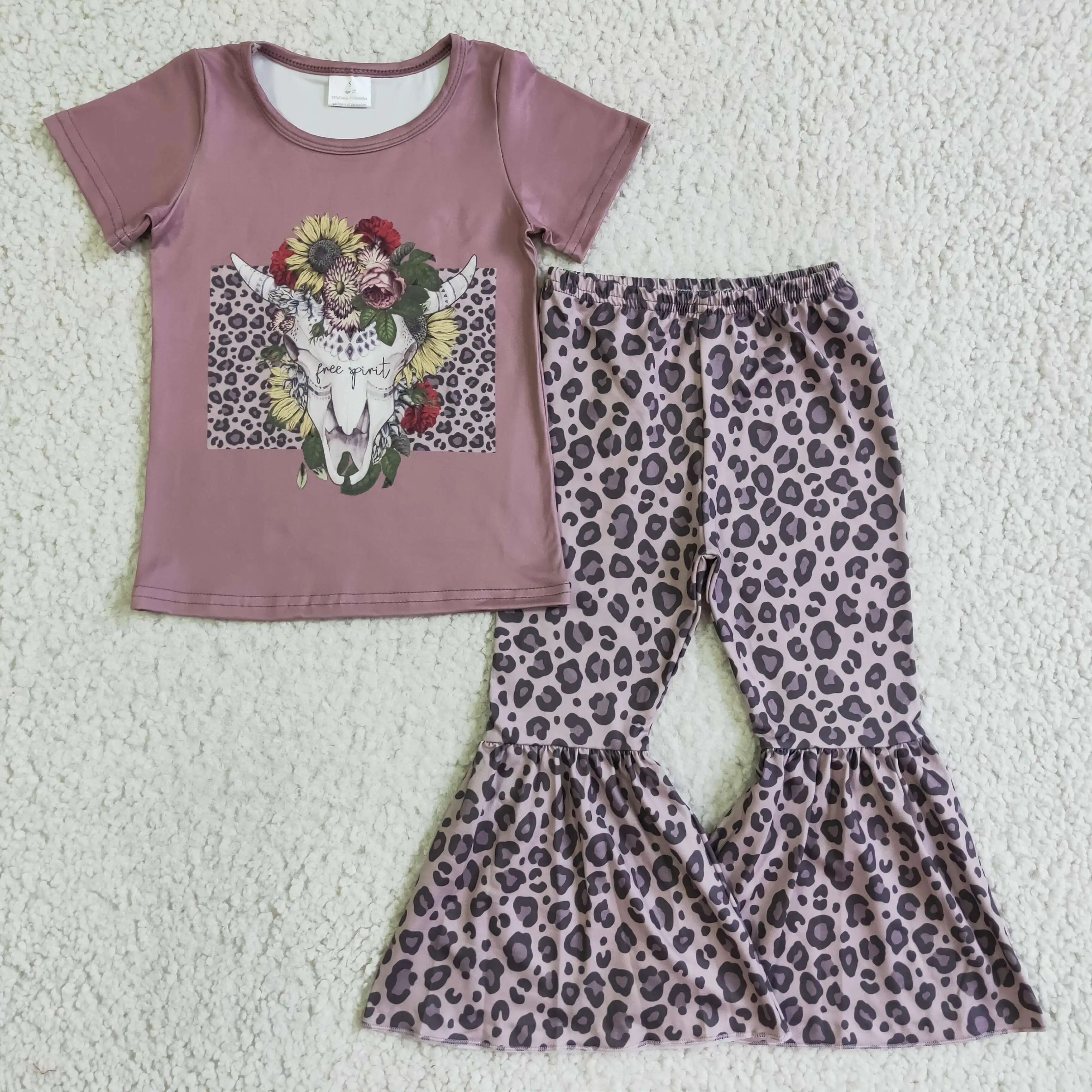 Kid Clothing Wholesale Bull Head Flower Print Leopard Baby Girl Short Sleeve Shirt Bell Bottom Pants Outfit Boutique GSPO0152