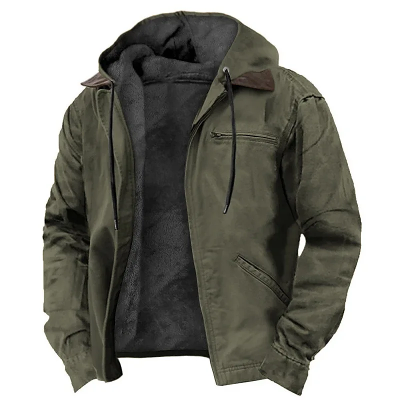 Zip Men\'s Hoodie Army Green Blue, Brown Gray Solid Color Pocket Sports Outdoor Retro Streetwear Casual Autumn Winter Clothing