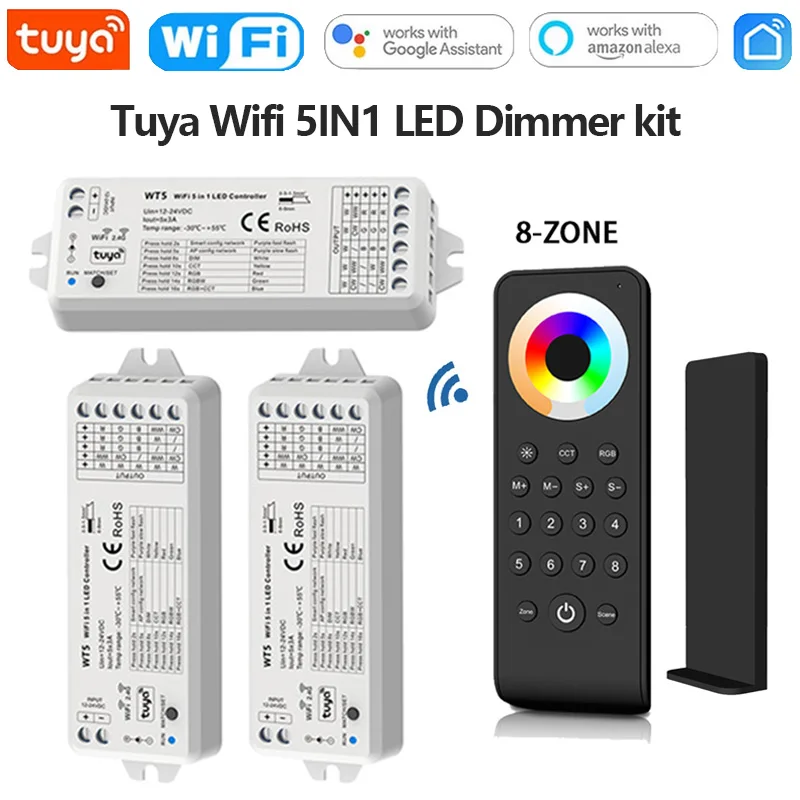 

Tuya Wifi WT5 DC12-24V 5IN1 LED Light Dimmer Controller 8-Zone 2.4G RF Remote Universal for CCT/RGB/RGBW/RGBCCT LED Light Strip