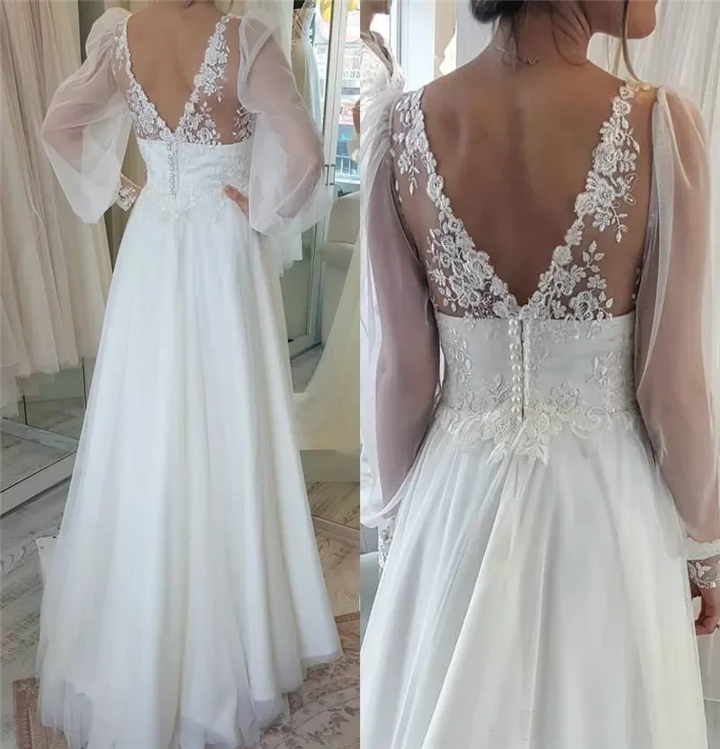 2024 Beautiful V Neck Lace Puffy Sleeve Wedding Dresses A Line Bohemian Arabic Plus Size Vestido De Noiva Appliques Bridal Gowns